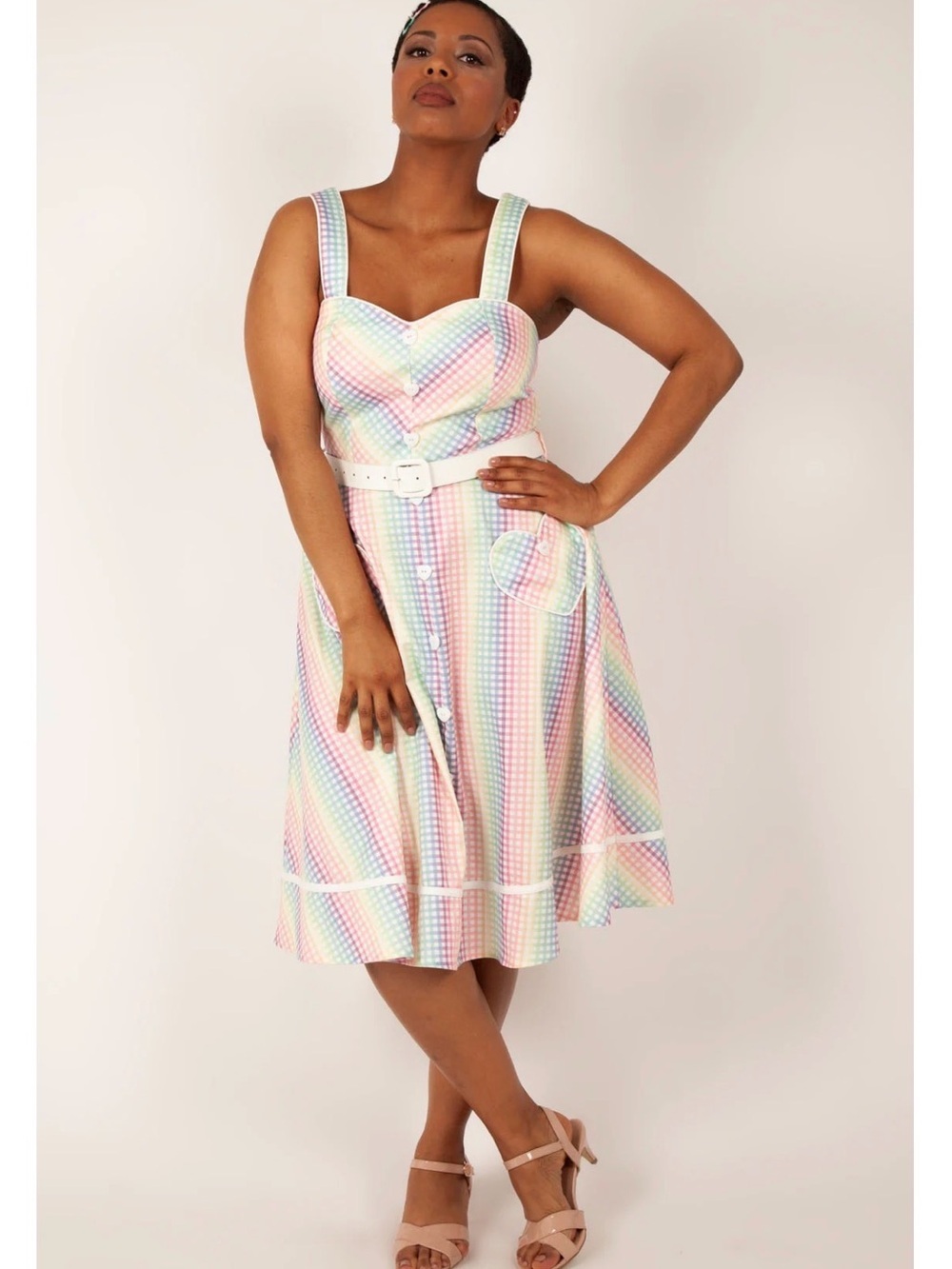 Voodoo Vixen Trixie Gingham Flare Dress with Heart Shape Buttons and Pockets